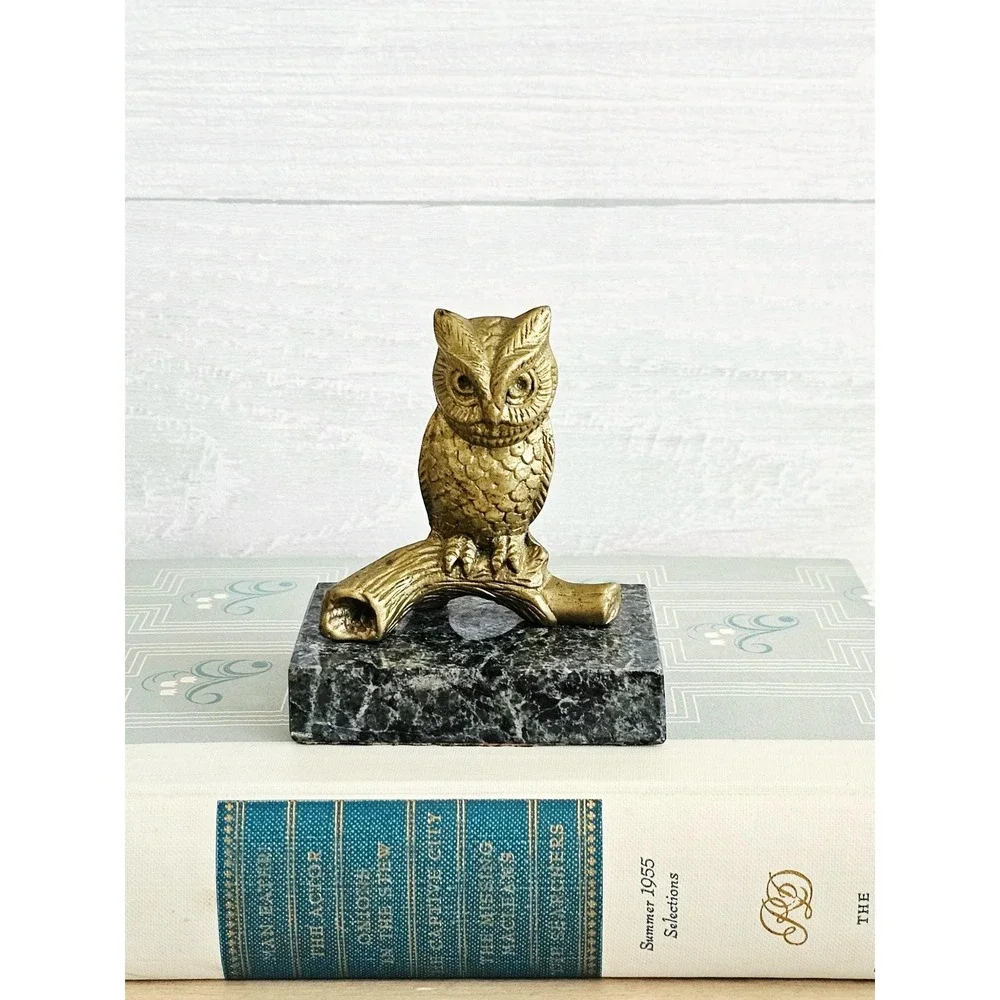 Vintage Solid Brass Owl on Branch on Black & Green Marble Base Paperweight